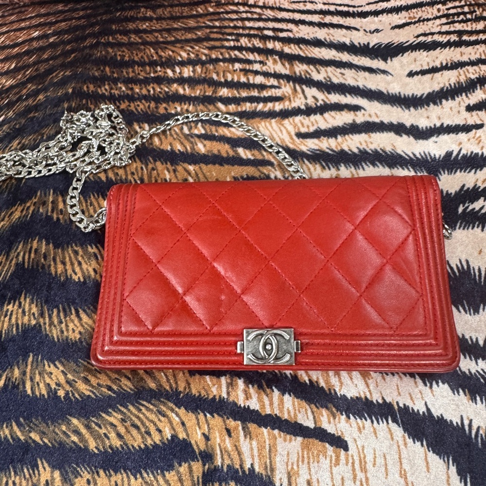 Chanel Boy Wallet on Chain– Red Calfskin/Lambskin with Silver Hardware
